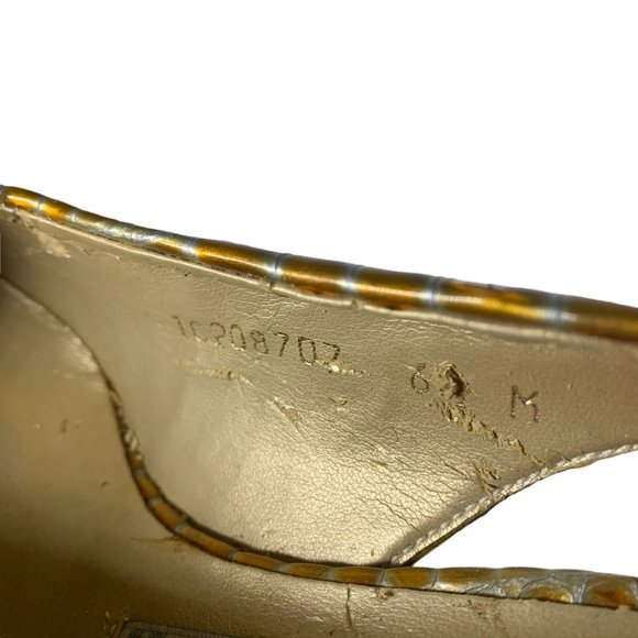 Vintage 90s Caressa Metallic Yellow Crocodile Skin Square Toe Slingback Heels 6 - Picture 10 of 11